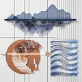 Creative Interior Wall Decor Featuring Blue Mountain Brown Circular Face Outline And Blue White Wave 3d model
