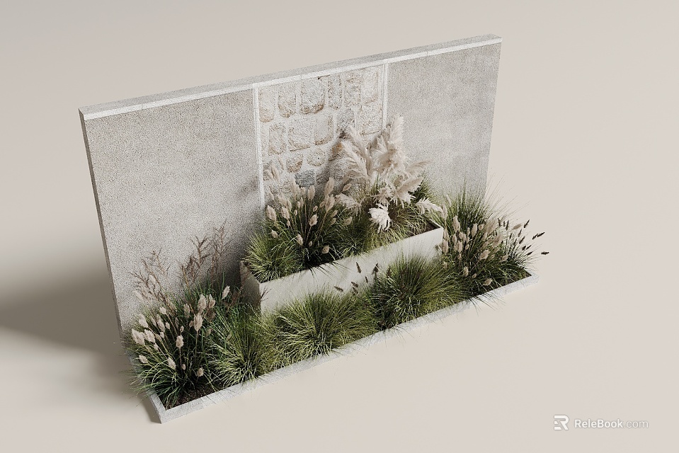 Rectangular Concrete Planter with Bonsai and Ornamental Grasses Against Grey Stone Textured Wall 3d model 