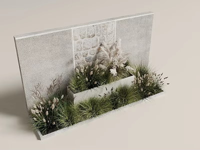 Rectangular Concrete Planter with Bonsai and Ornamental Grasses Against Grey Stone Textured Wall 3d model
