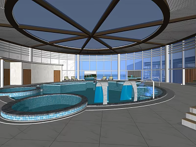 Indoor Swimming Pool Featuring Circular Pools Large Windows And Skylight Ceiling 3d model