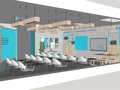Modern Conference Room Interior With Blue Walls Hanging Lights Meeting Tables And Whiteboard Setup 3d model