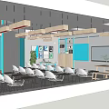 Modern Conference Room Interior With Blue Walls Hanging Lights Meeting Tables And Whiteboard Setup
