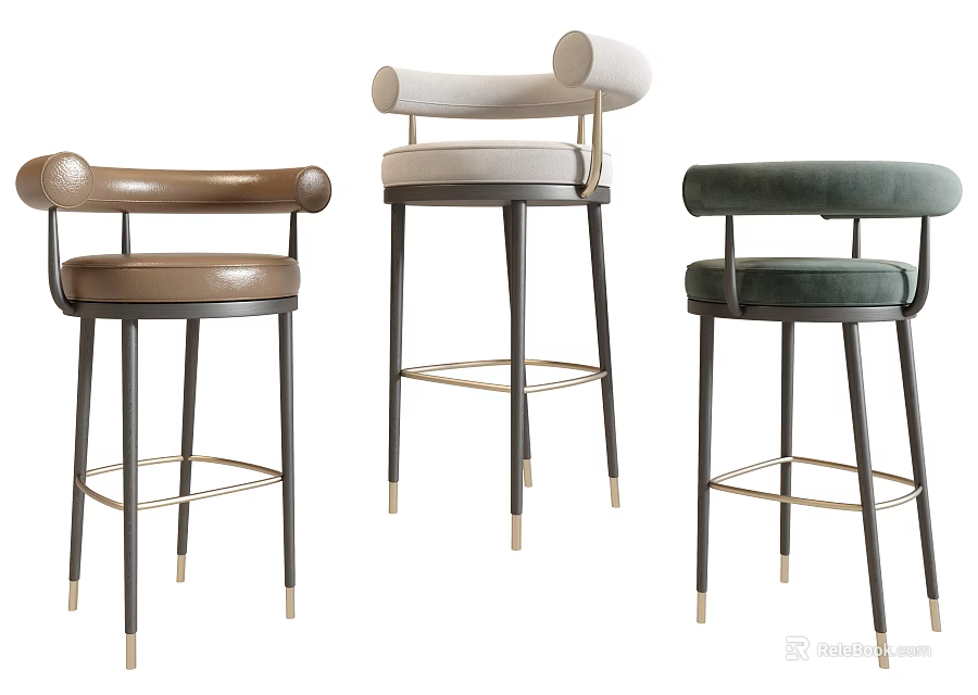 Modern Stylish Bar Stools With Three Different Colors Leather Velvet Seats Black Gold Metal Legs 3d model 