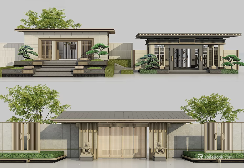 Chinese Style Modern Entrance Gate With Green Plants Stone Steps And Architectural Walls 3d model 