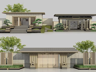 Chinese Style Modern Entrance Gate With Green Plants Stone Steps And Architectural Walls 3d model