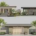 Chinese Style Modern Entrance Gate With Green Plants Stone Steps And Architectural Walls