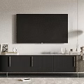 Sleek Black TV Cabinet With Wall Mounted TV And Decorative Accessories In Modern Living Room