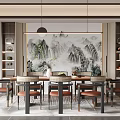 New Chinese Style Restaurant Interior With Landscape Painting Dining Table Chairs And Antique Shelves