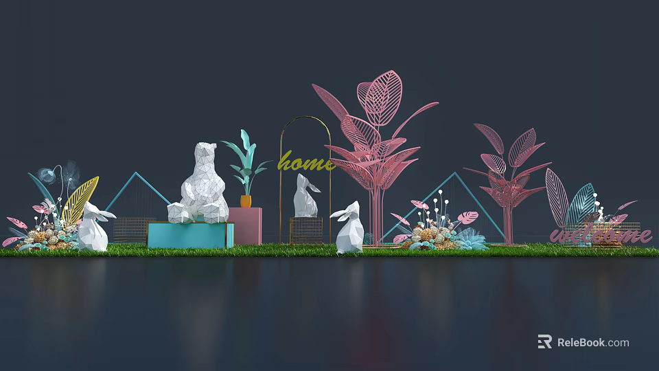 Home Decorative Display With Rabbit Statues Colorful Plants And Geometric Shapes On Grass 3d model