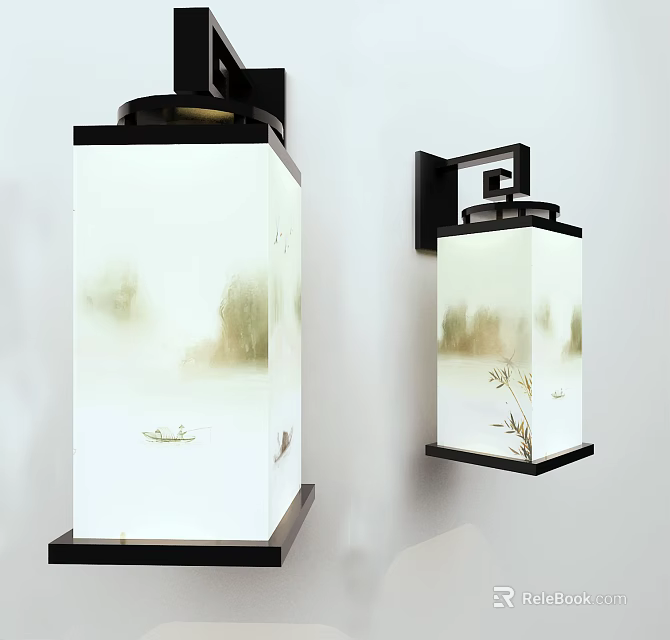 Chinese Style Wall Lamp With White Lampshade And Landscape Painting On Black Frame 3d model 