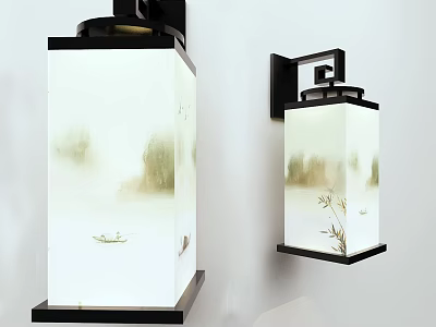 Chinese Style Wall Lamp With White Lampshade And Landscape Painting On Black Frame 3d model