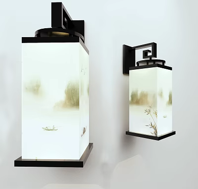 Chinese Style Wall Lamp With White Lampshade And Landscape Painting On Black Frame 3d model