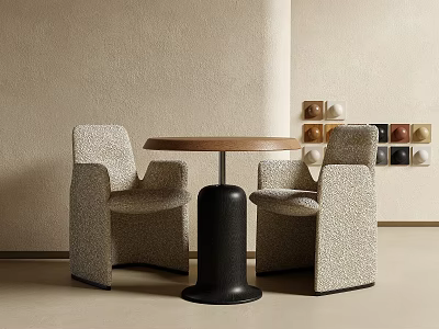 Modern Table And Chairs Set With Round Wooden Tabletop Textured Fabric Chairs And Neutral Wall 3d model