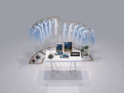 Retail Display Shelving with Hanging Light Blue Shirts Tablet Shoes Plants and Logo on Table 3d model