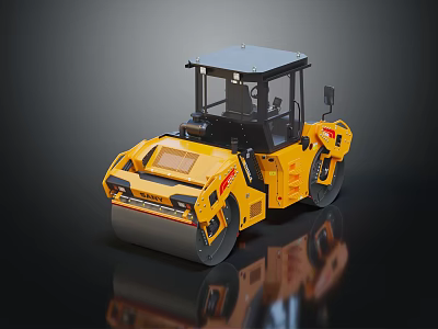 Yellow Construction Road Roller With Cab And Dual Rollers On Reflective Floor 3d model