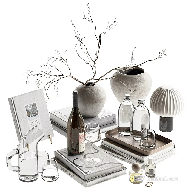 Modern Decorative Ornament Set With Ceramic Vase Branches Wine Bottle Glassware And Tray 3d model 