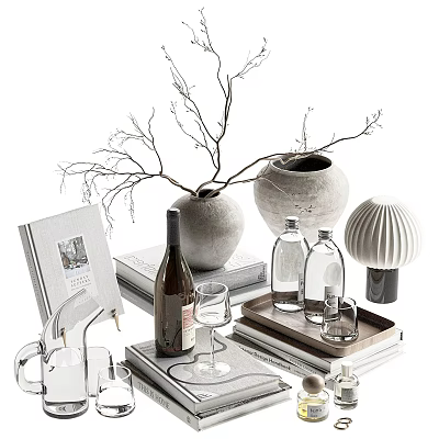 Modern Decorative Ornament Set With Ceramic Vase Branches Wine Bottle Glassware And Tray 3d model