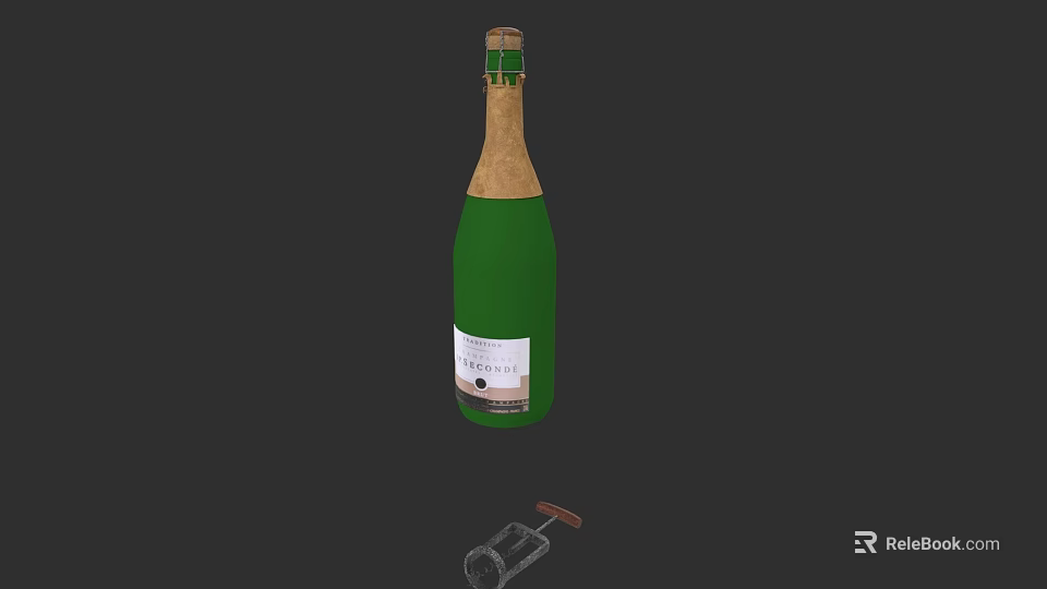 Green Wine Bottle With Label And Wine Glass Near Corkscrew On Dark Background 3d model 
