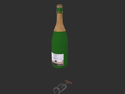 Green Wine Bottle With Label And Wine Glass Near Corkscrew On Dark Background 3d model