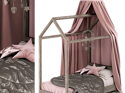 House Shaped Wooden Kids Bed With Pink Curtains And Star Pillows 3d model