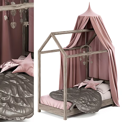 House Shaped Wooden Kids Bed With Pink Curtains And Star Pillows 3d model