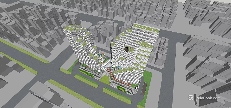 Modern Office Building With Two Tower Design Sky Bridge And Rooftop Green Spaces In Urban Area 3d model 