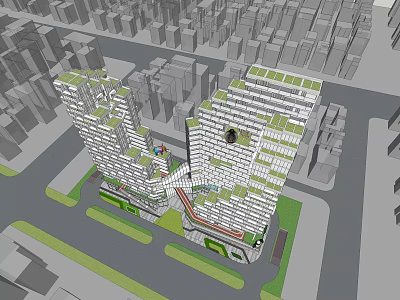 Modern Office Building With Two Tower Design Sky Bridge And Rooftop Green Spaces In Urban Area 3d model