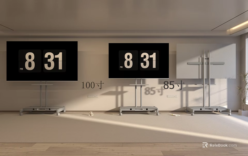 100 Inch and 85 Inch Stand Mounted TVs Displaying 8 31 Time in Modern Room 3d model 