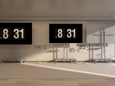100 Inch and 85 Inch Stand Mounted TVs Displaying 8 31 Time in Modern Room 3d model