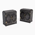 Two Black Decorative Chests With Gold Floral Patterns And Brass Hardware 3d model