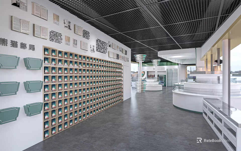 Modern Exhibition Hall Interior With Wall Display Shelves Grid Ceiling And Curved White Counters 3d model 