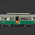Vintage Green and White Electric Tram with Yellow Doors and Roof Pantograph