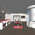 Modern Government Service Hall With White Reception Desk Red Logo And Self Service Kiosk