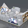Modern Exhibition Booth with Large Digital Screens White Tables Seats and Display Shelves