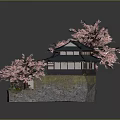 Traditional Japanese Architecture Featuring Black Roof And Surrounding Pink Cherry Blossom Trees