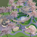 Scenic Children's Play Area With Cherry Blossom Trees Spiral Structures And Winding Pathways