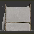 Handmade Camping Tent With White Fabric And Wooden Support Poles