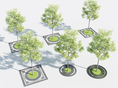 Square And Circular Tree Pits With Lush Trees And Patterned Paving In Urban Landscape Design 3d model