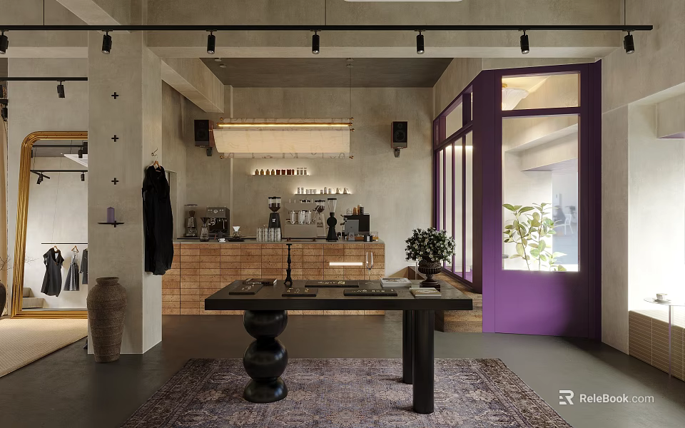 Modern Clothing Store Interior With Purple Door Large Windows Counter And Pendant Light 3d model 