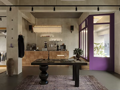 Modern Clothing Store Interior With Purple Door Large Windows Counter And Pendant Light 3d model