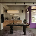 Modern Clothing Store Interior With Purple Door Large Windows Counter And Pendant Light