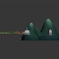 3D Model Village Scene With Green Mountains And Colorful Traditional Buildings