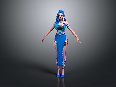 Game Movie Character With Blue Hair Blue Black Decorative Outfit Leg Straps And High Heels 3d model