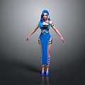 Game Movie Character With Blue Hair Blue Black Decorative Outfit Leg Straps And High Heels