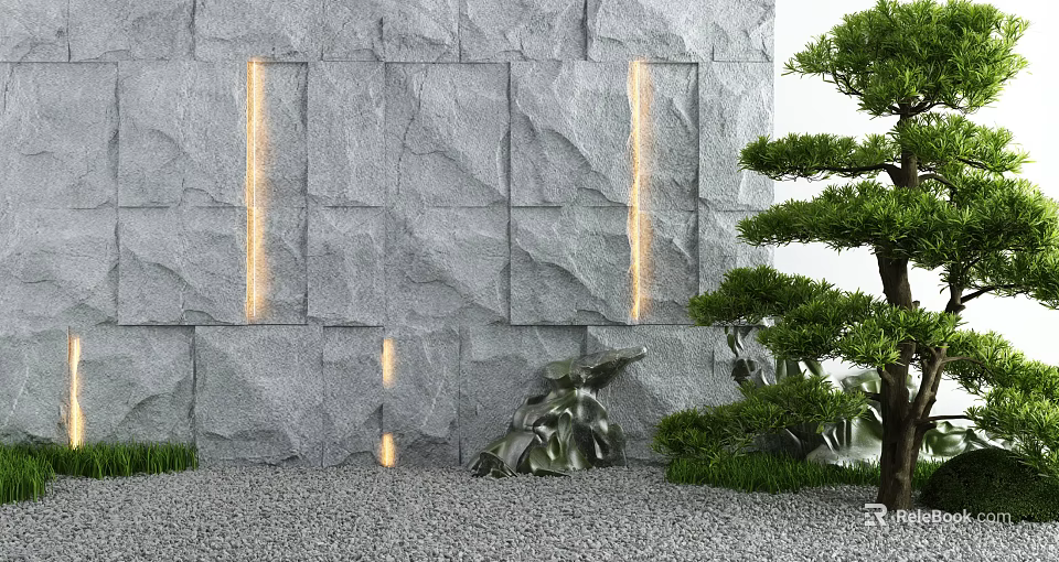 Courtyard Garden With Gray Stone Wall Illuminated Stripes Pine Tree Green Plants And Gravel Ground 3d model 