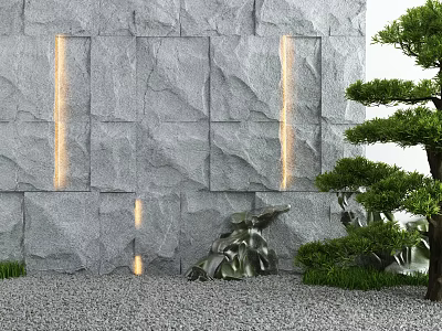 Courtyard Garden With Gray Stone Wall Illuminated Stripes Pine Tree Green Plants And Gravel Ground 3d model