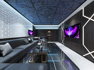 Luxury KTV Lounge Interior With Black Leather Sofas LED Screens And Modern Decor 3d model