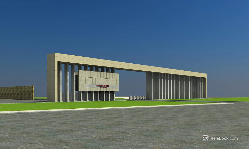 Modern Stone Entrance Gate With Columns And Open Grass Plaza Design 3d model 
