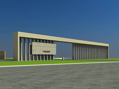 Modern Stone Entrance Gate With Columns And Open Grass Plaza Design 3d model