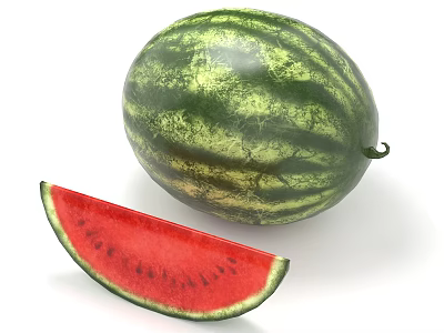 Fresh Whole Watermelon And Red Sliced Piece With Juicy Flesh On White Background 3d model